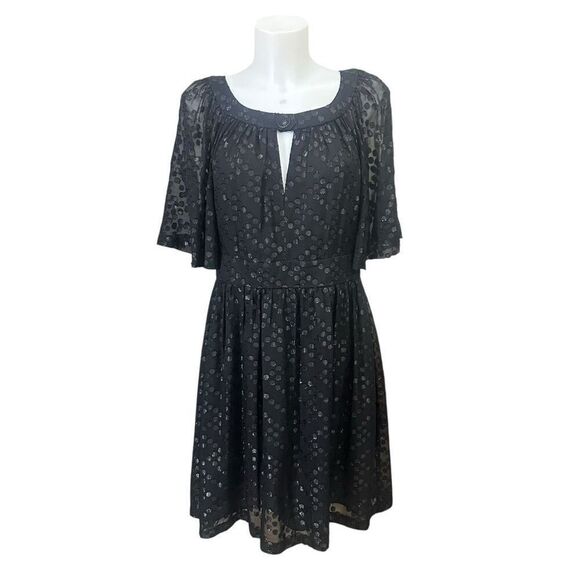 Trina Turk Black Dots SILK Flutter Sleeve Fit &‎ Flare Dress Knee Length sz 12 - Picture 1 of 10